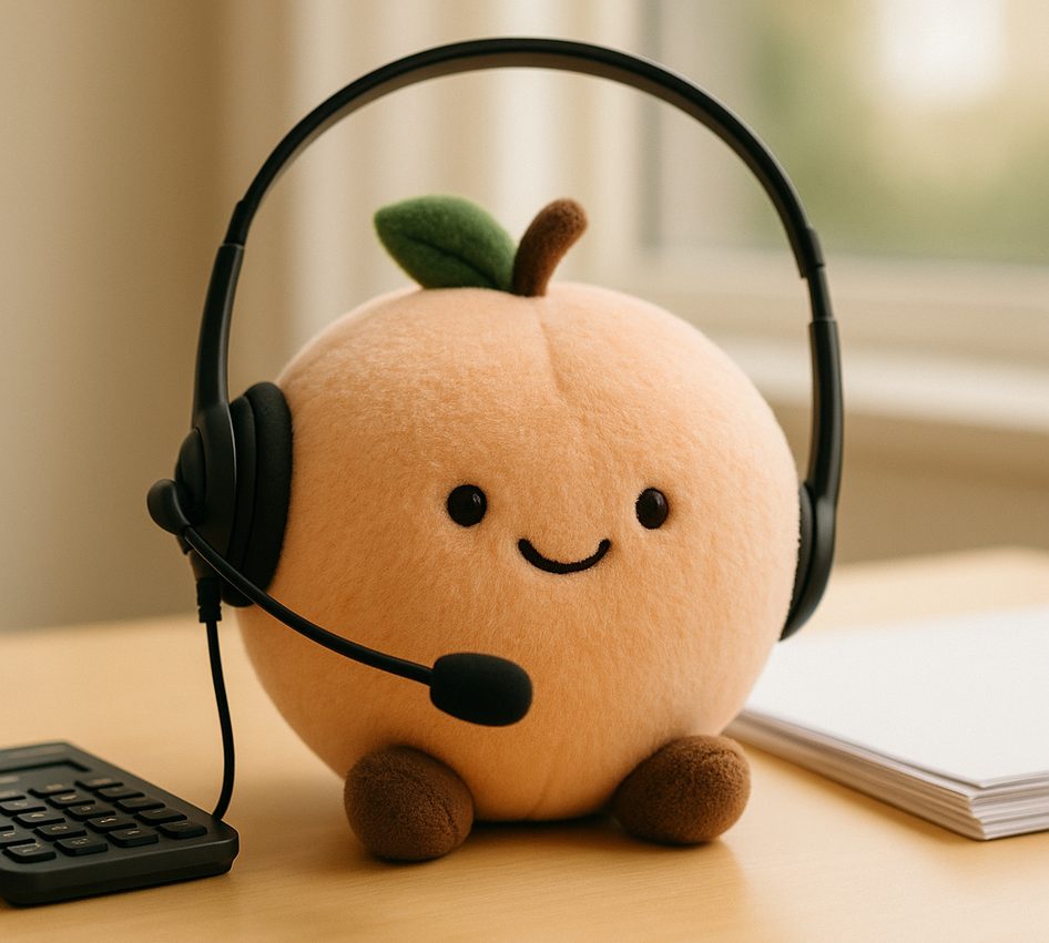 A plush peach wearing a call-centre headset on a desk beside a small calculator and a neat stack of papers.