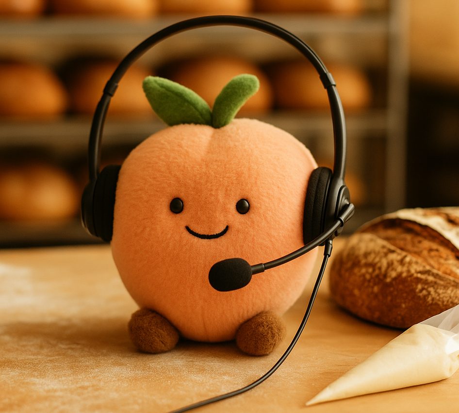 A plush peach wearing a call-centre headset on a floured wooden counter beside a sourdough loaf and a piping bag.