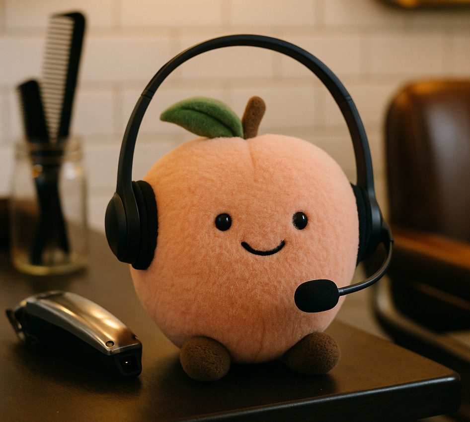 A plush peach wearing a call-centre headset on a barber's counter beside clippers and a jar of combs, warm light and white tiles behind.