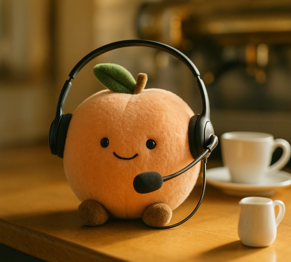 A plush peach wearing a call-centre headset on a café counter beside a cup and saucer and a milk jug.