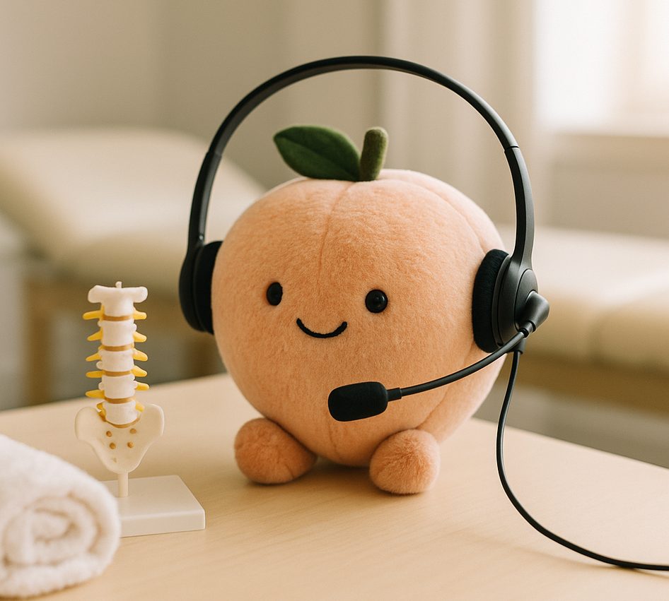 A plush peach wearing a call-centre headset on a clinic desk beside a small spine model and a rolled towel.