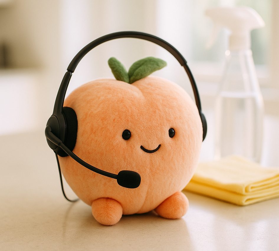 A plush peach wearing a call-centre headset on a kitchen counter beside a spray bottle and folded cloths.