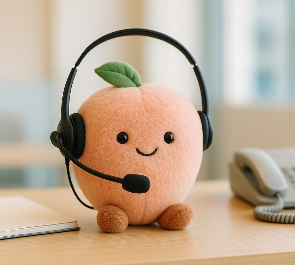 A plush peach wearing a call-centre headset, sitting on a light wood reception desk beside an appointment book and a desk telephone.