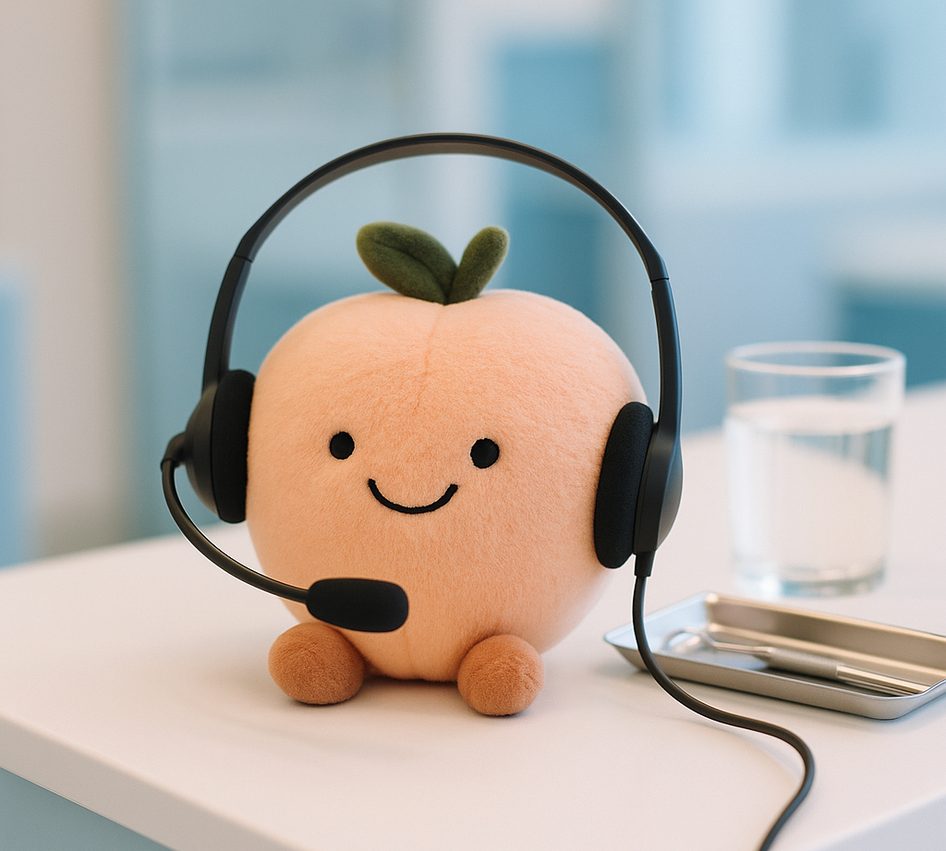 A plush peach wearing a call-centre headset on a dental reception counter beside a mirror instrument and a glass of water.