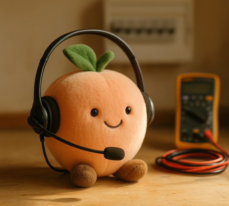 A plush peach wearing a call-centre headset on a workbench beside a multimeter and a coil of red and black wire.
