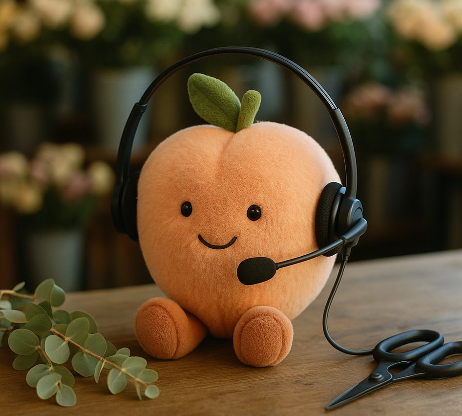 A plush peach wearing a call-centre headset on a florist's bench beside eucalyptus and a pair of snips.