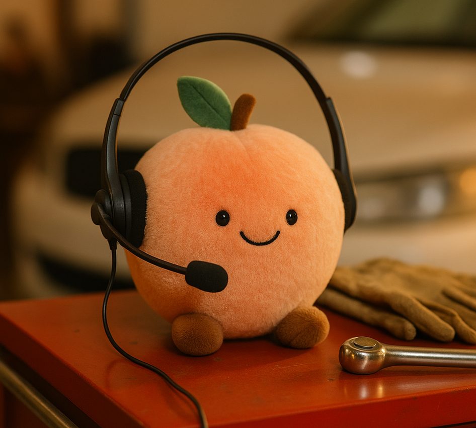A plush peach wearing a call-centre headset on a tool chest beside a socket wrench and work gloves.