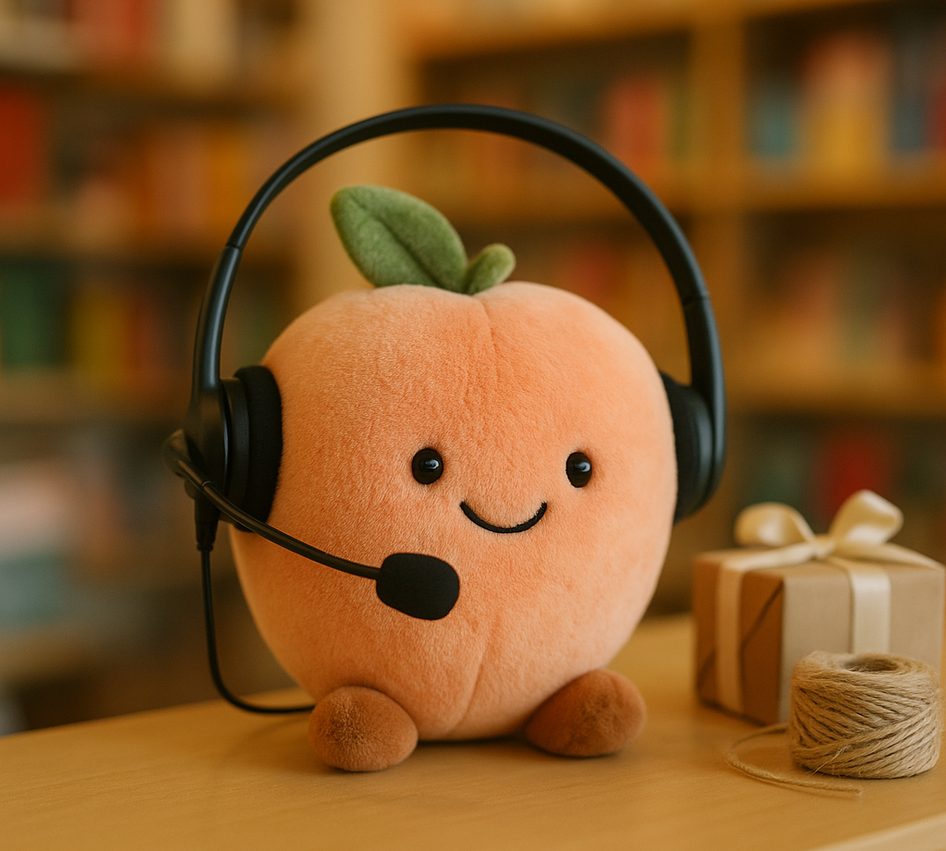 A plush peach wearing a call-centre headset on a shop counter beside a wrapped gift box and a roll of twine.