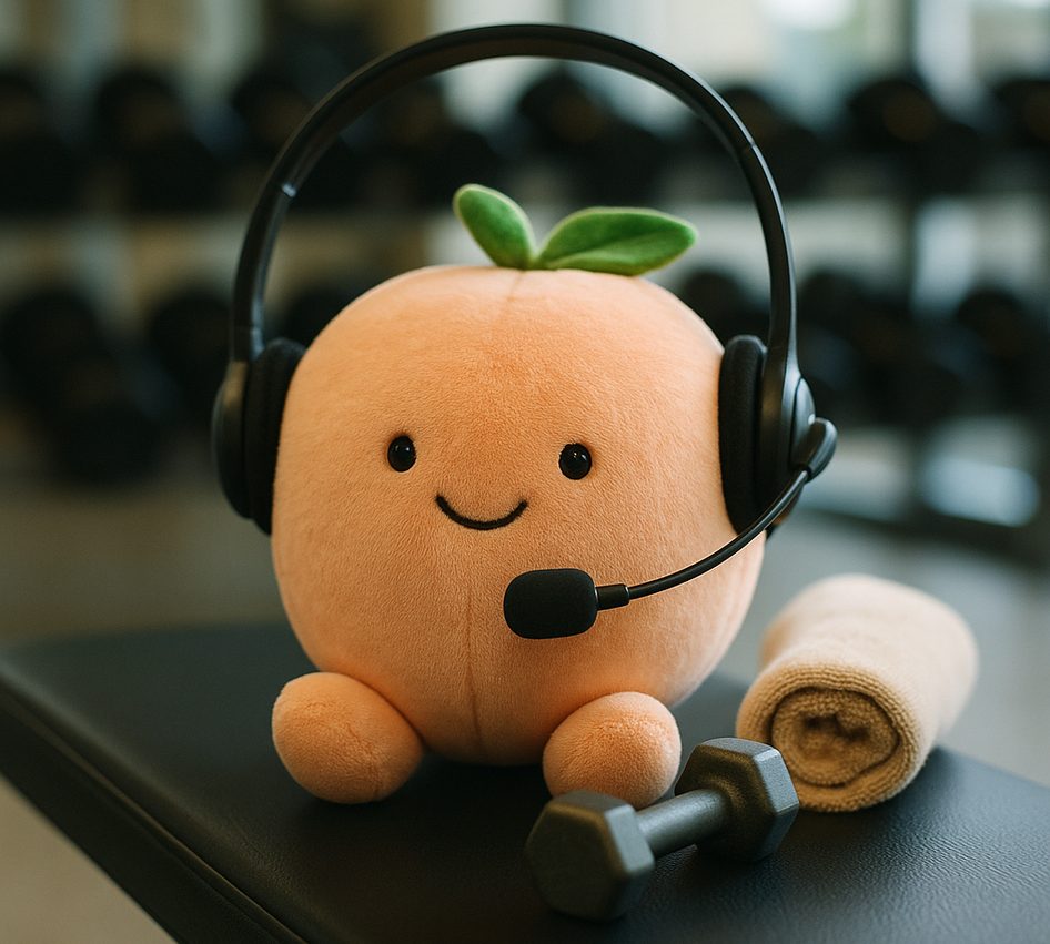 A plush peach wearing a call-centre headset on a gym bench beside a small dumbbell and a rolled towel.