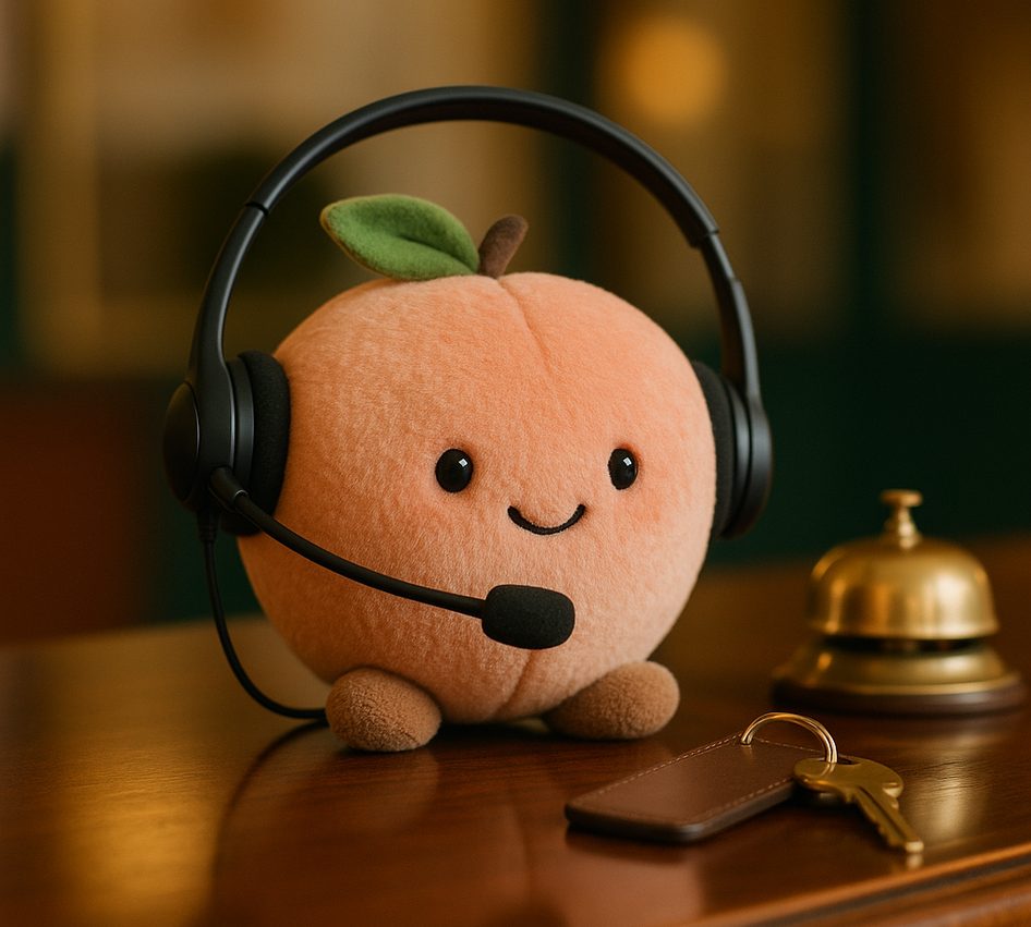 A plush peach wearing a call-centre headset on a polished hotel reception desk beside a brass bell and a room key.