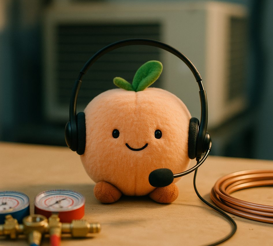 A plush peach wearing a call-centre headset on a workbench beside a manifold gauge set and a coil of copper line.
