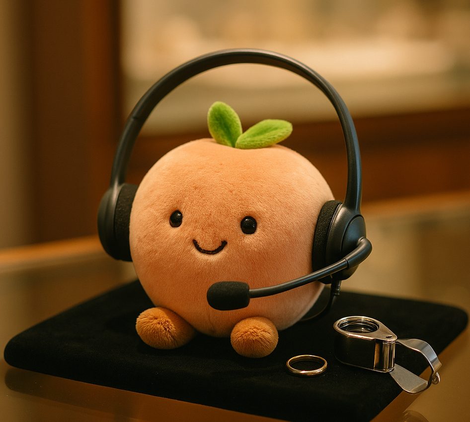 A plush peach wearing a call-centre headset on a black velvet jeweller's pad beside a loupe and a gold ring.