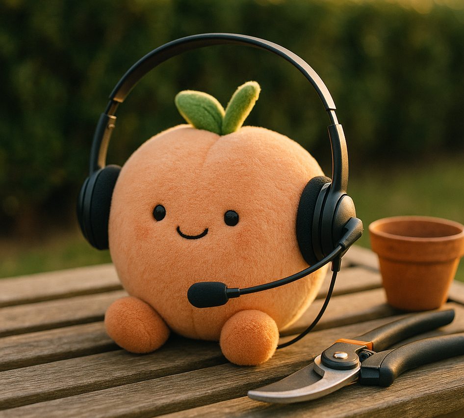 A plush peach wearing a call-centre headset on a garden bench beside secateurs and a terracotta pot.