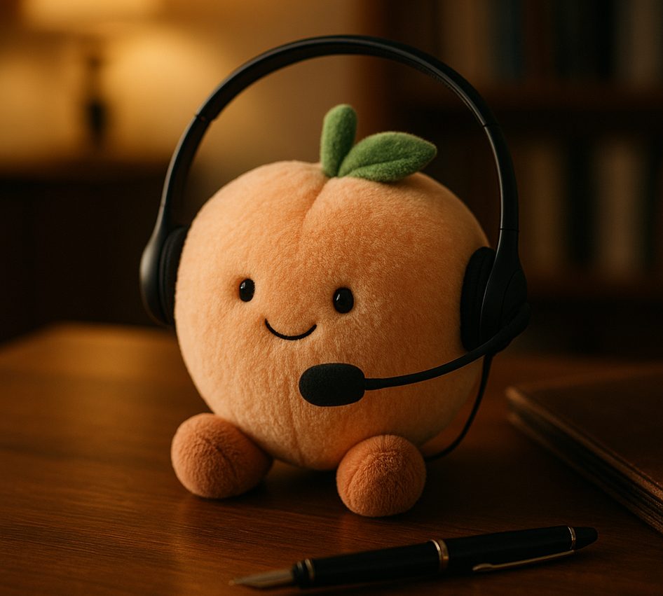 A plush peach wearing a call-centre headset on a dark wooden desk beside a fountain pen and a closed leather folder.