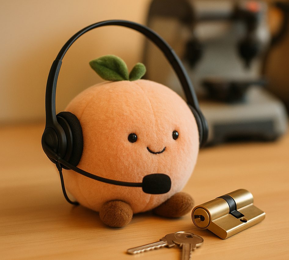 A plush peach wearing a call-centre headset on a workbench beside a brass cylinder lock and a ring of blank keys.