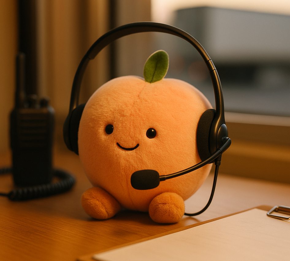 A plush peach wearing a call-centre headset on a dispatch desk beside a two-way radio handset and a clipboard, a trailer out of focus through the window.