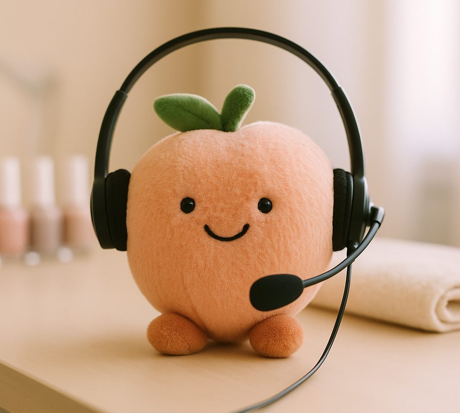 A plush peach wearing a call-centre headset on a nail salon table beside a row of polish bottles and a folded towel.