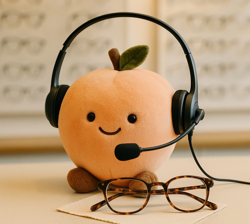 A plush peach wearing a call-centre headset on an optician's counter beside tortoiseshell spectacles and a lens cloth.