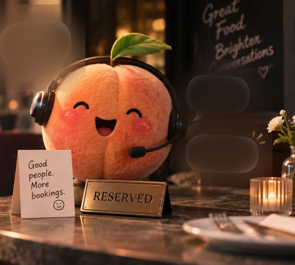 A plush peach wearing a call-centre headset, sitting on a restaurant table beside a RESERVED plaque and a card reading Good people. More bookings.