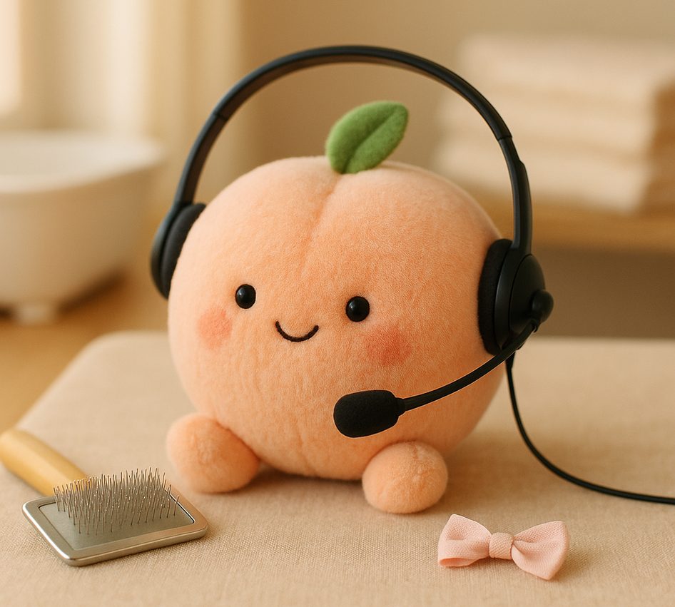 A plush peach wearing a call-centre headset on a grooming table beside a soft brush and a small bow.