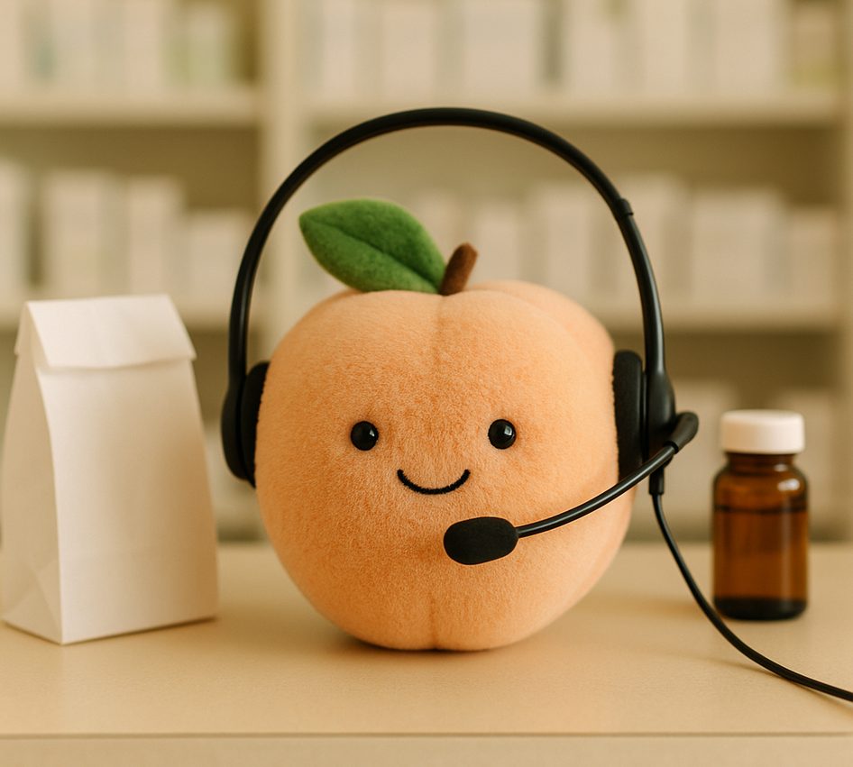 A plush peach wearing a call-centre headset on a pharmacy counter beside a folded white will-call bag and an amber vial, dispensary shelving behind.