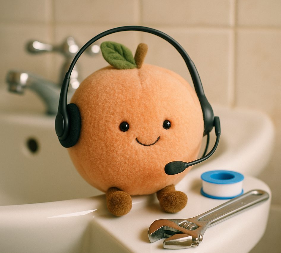 A plush peach wearing a call-centre headset on the edge of a white bathroom sink beside a monkey wrench and a roll of PTFE tape.