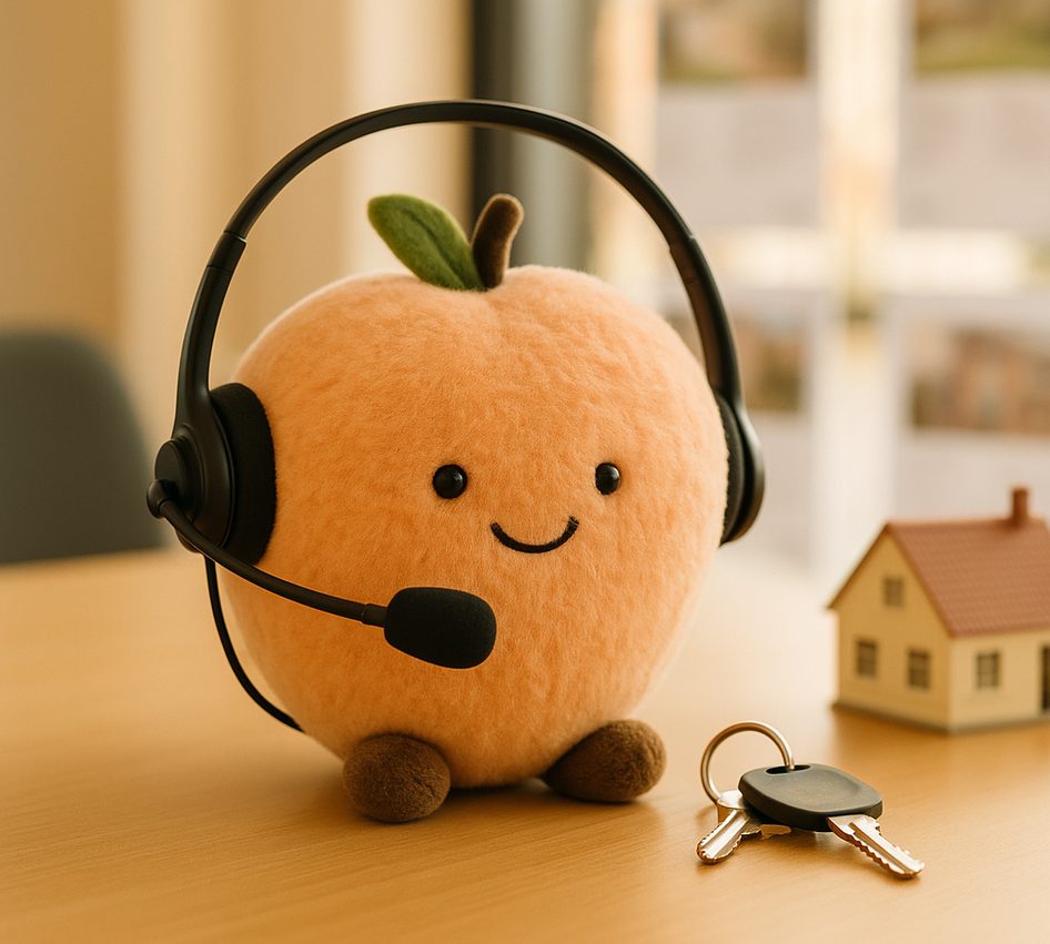 A plush peach wearing a call-centre headset on an estate agent's desk beside house keys on a fob and a small model house.
