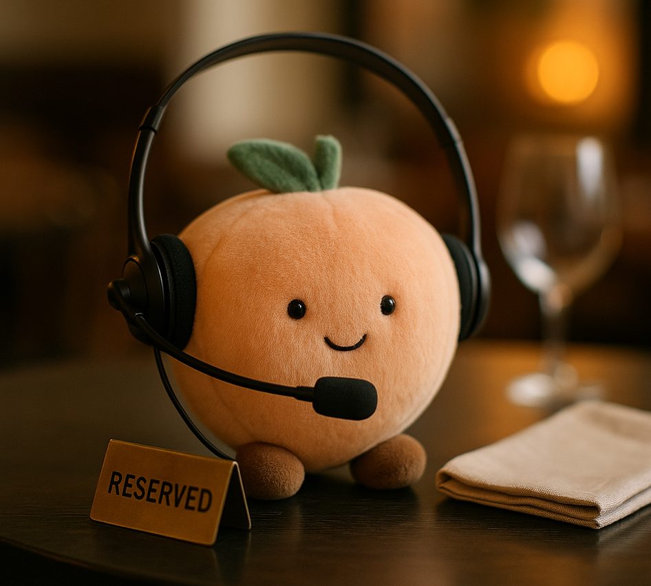 A plush peach wearing a call-centre headset, sitting on a bistro table beside a brass RESERVED stand and a folded napkin, with the warm glow of an evening dining room behind.