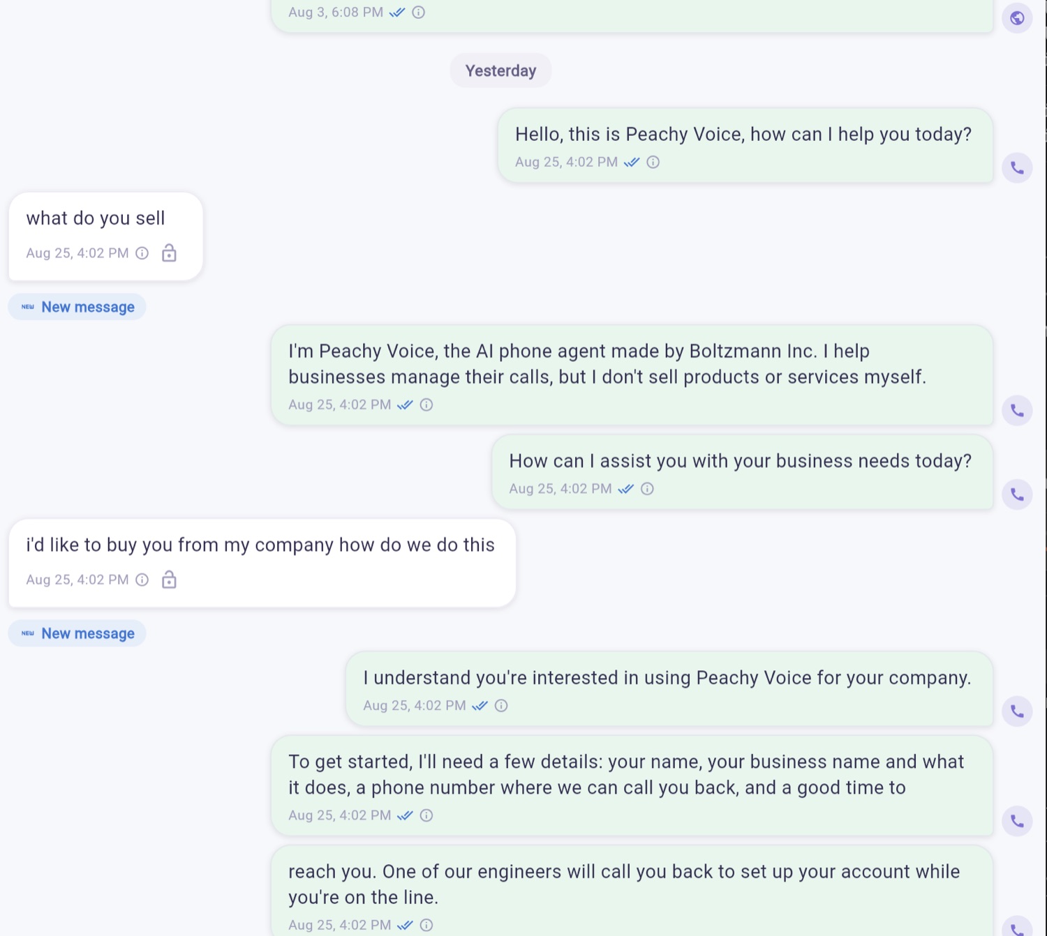 A call transcript, showing the conversation line by line.