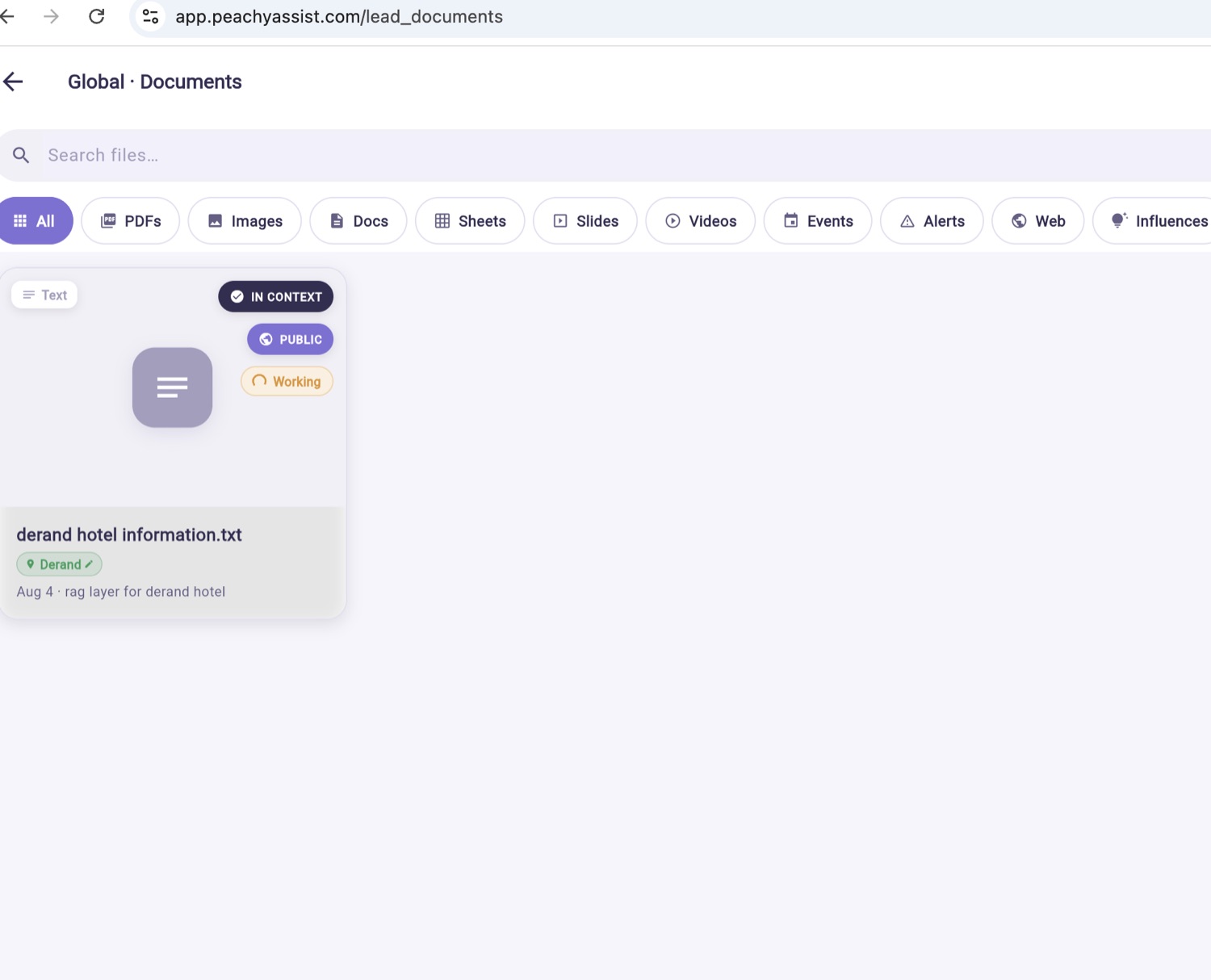 The document library, showing uploaded business files and which are marked public.