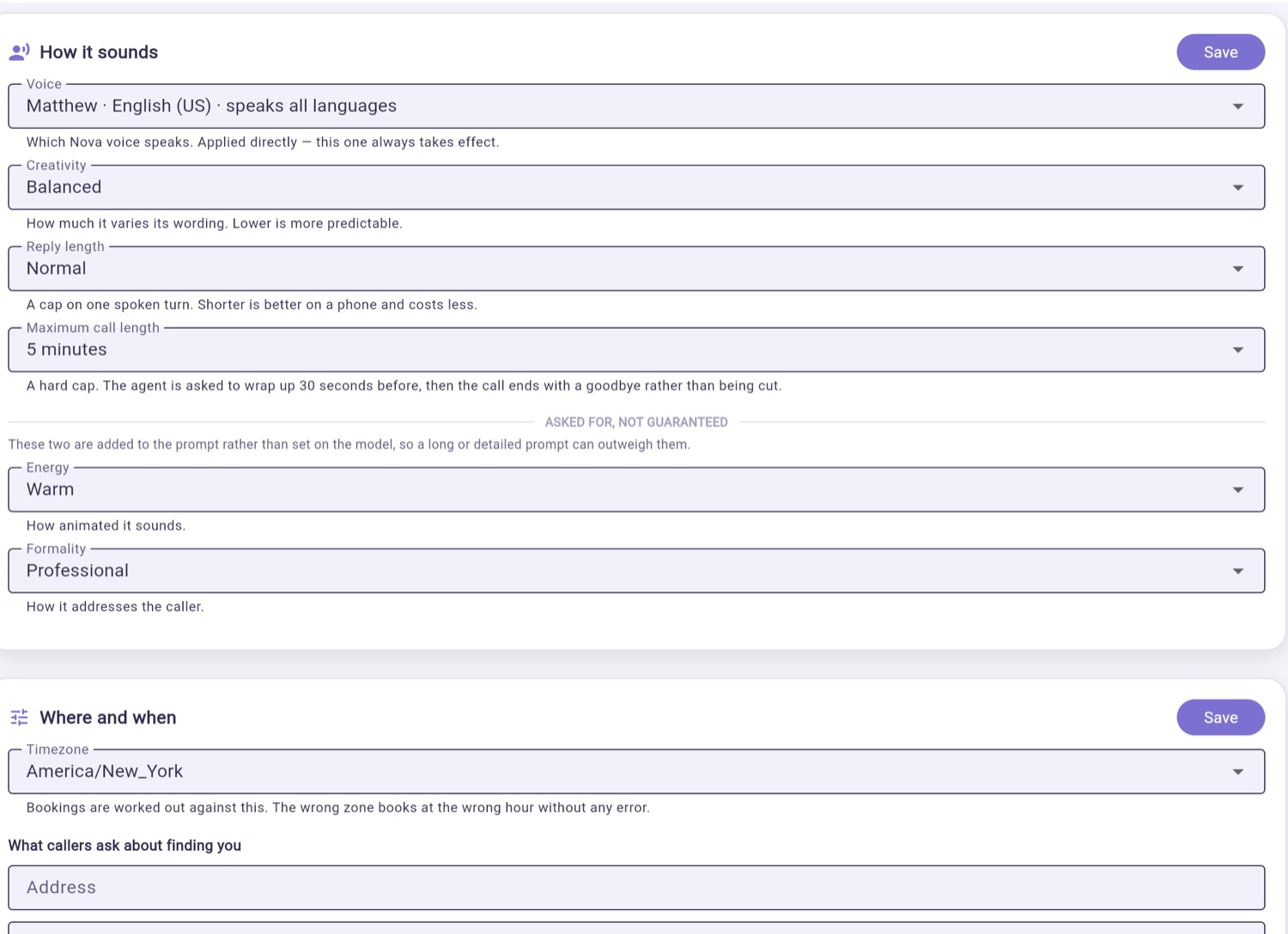 Voice settings for tone, formality, reply length and maximum call length.