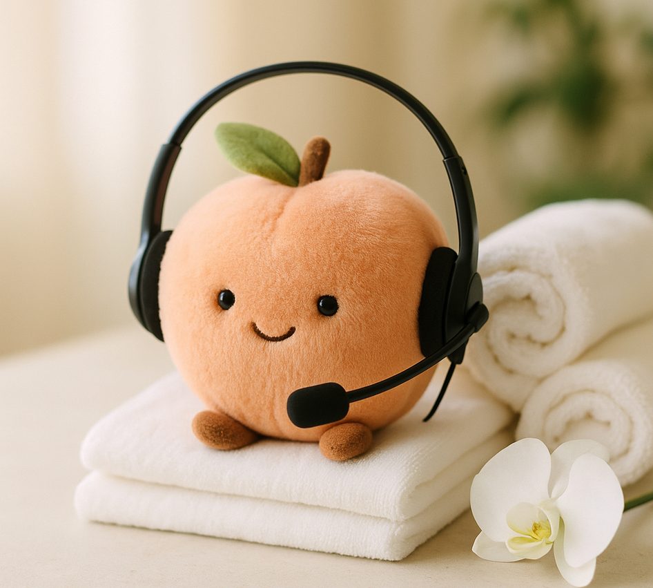 A plush peach wearing a call-centre headset, resting on folded white towels beside rolled towels and a white orchid, in soft daylight.
