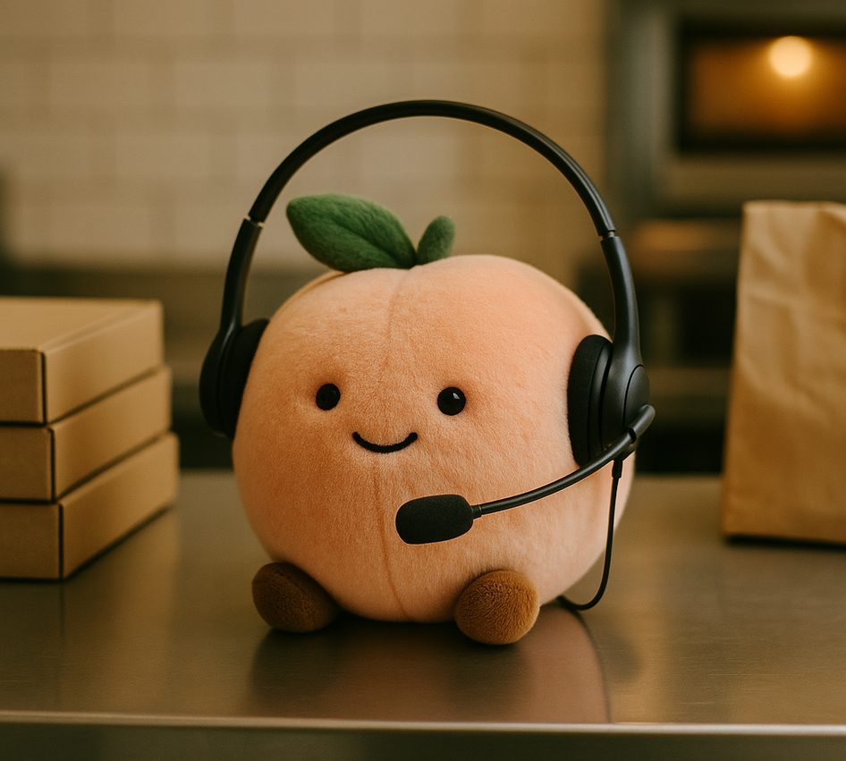 A plush peach wearing a call-centre headset on a stainless steel counter beside a stack of pizza boxes and a paper bag.