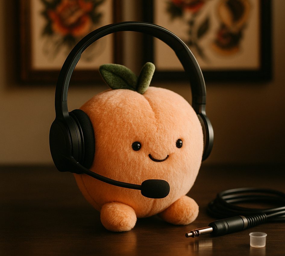 A plush peach wearing a call-centre headset on a tattoo studio counter beside a coiled machine cord and an ink cap.