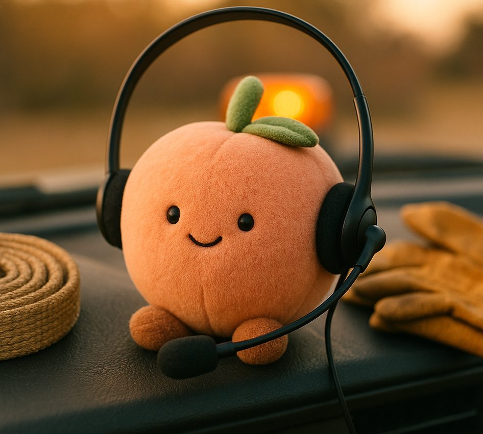 A plush peach wearing a call-centre headset on a truck dashboard beside a coiled tow strap and work gloves.