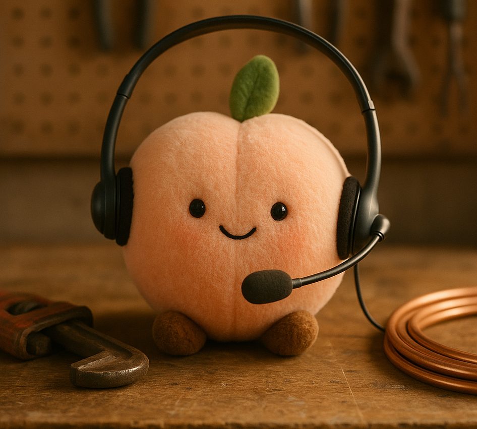 A plush peach wearing a call-centre headset on a workbench beside a pipe wrench and a coil of copper pipe.