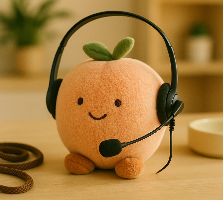 A plush peach wearing a call-centre headset on a veterinary reception desk beside a coiled dog lead and a ceramic bowl.