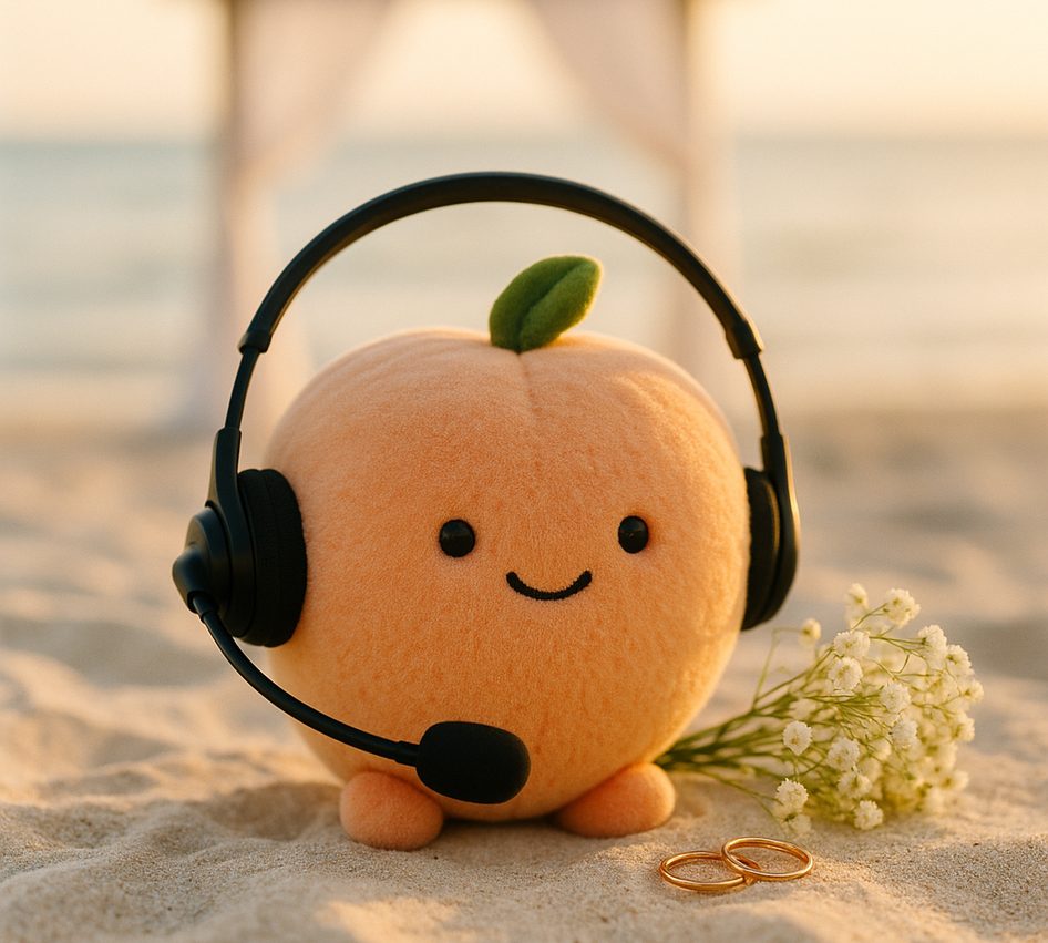 A plush peach wearing a call-centre headset on white beach sand beside a small bouquet and two gold rings, a draped arch and the sea out of focus behind.